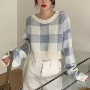 여성 3컬러 캐주얼 체크패턴 루즈핏 크롭 니트