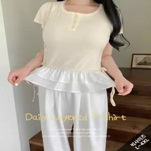 빅사이즈 레이어링티 데일리 리본 캉캉 레이스 버튼 티셔츠