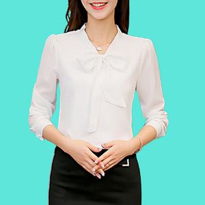 여자 긴팔 리본 블라우스 면접 하객룩 기본 흰색 핑크