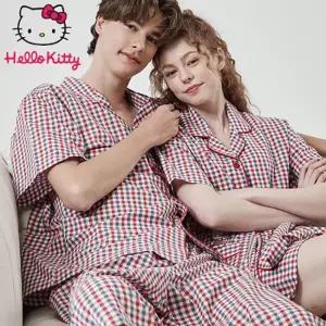 산리오 헬로키티 홈웨어 체크 반소매 상하세트 부드러운 커플 면잠옷 HK-4289