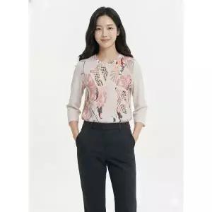 [하프클럽/크로커다일레이디]베이지 라운드 기하학 프린트 소매 블라우스 C