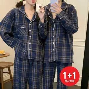 [제이0]1+1  웜 체크 커플 수면 잠옷 파자마 세트