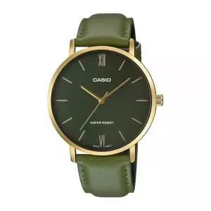 CASIO 카시오 MTP-VT01GL-3B 남성용 미니멀리스트 골드 톤 그린 가죽 밴드 다이얼 3핸드 아날로그 시계, 블