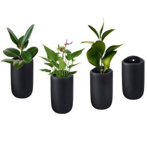 마이기프트 7.5인치 벽걸이 모던 매트 블랙 세라믹 원통형 식물 용기, 부유 다육식물 또는 허브 화분, 수직 매달린 꽃병, 4개 세트