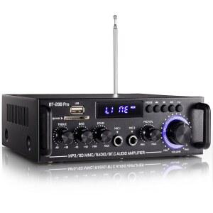 Facmogu BT-298 프로 홈 오디오 앰프, 블루투스 5.0 리시버 홈 스테레오 리시버, 최대 400Wx2 RMS 50Wx2 하이파이 사운드 오디오 시스템 무선 전력 증폭기, MIC ( /Echo), 베이스 & 트레블 (USB /RCA /FM)