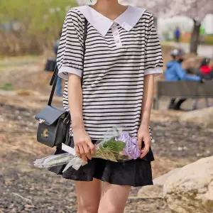 세일러 카라 스트라이프 퍼프 반팔 티셔츠 여성 빅사이즈