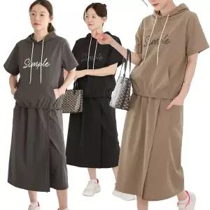 [이브바바]여성 여름 기능성 쿨링 라이트 반팔 후드 티셔츠 + 랩 치마바지 셋업 세트