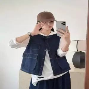 여자 청 캐주얼 빈티지 라운드 싱글 민소매 조끼 캐주얼조끼 빅 포켓 톱 admr1