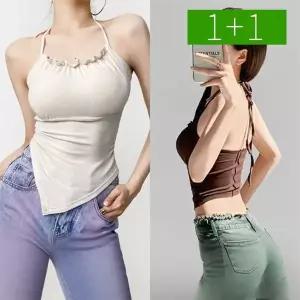 [OMT]1+1 사선 홀터넥 여성 민소매 나시티 여름 이너 캡내장 나시