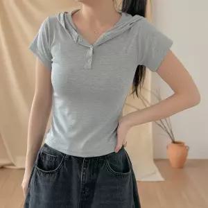 여성 반팔 후드 크롭티 무채색 스판 티셔츠