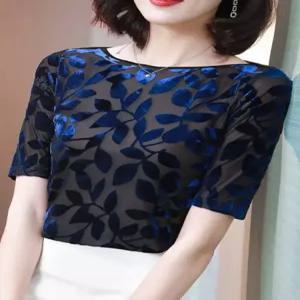 보타니컬 공연복 라인댄스복 시스루 의상 반팔 무대 상의 은은한 슬림핏 보트넥 블라우스 댄스