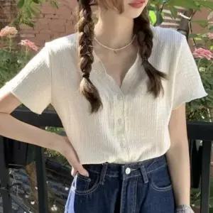 ( )여성블라우스 블라우스 시원한 여름블라우스 여성 여름 반팔블라우스 블랙 브이넥 기본데일리룩 반팔 상