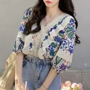 ( )여성블라우스 원픽 핑크 반팔 상의 프릴 예쁜 여성 여름 브이넥 블라우스 여름블라우스 기본데일리룩 코
