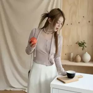 여성 비침 탱크 사선버튼 슬림핏 가디건 망사 메쉬