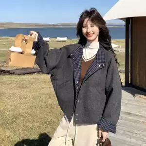 회색 모직 가을 캐주얼 여성용 코트 체크 기모 쇼트 자켓 CH3