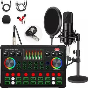 팟캐스트 장비 번들 48V XLR 마이크 조절 가능한 스탠드가 있는 보이스 체인저 스마트폰 PC DJ 비디오 녹화