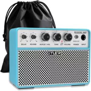 디지털 지연/리버브 효과가 있는 Yuer BA-10Pro 어쿠스틱 기타 앰프 10W 보컬 및 휴대용 블루투스 스피커 헤드폰 잭/OTG(캐리백 포함) Blue