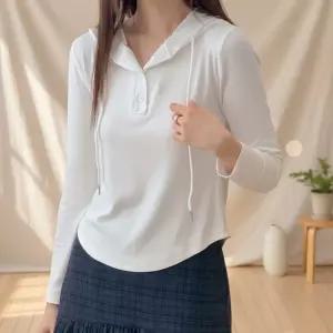 [옷자락] 여성 긴팔 후드티 잔골지 버튼 데일리 티셔츠
