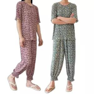 여성 플라워 주름 쿨티셔츠 냉감바지 여름 아이스 꽃무늬 홈웨어 밴딩 쿨링