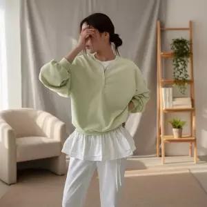[옷자락]여성 브이넥 퍼프소매 오버사이즈 코튼 맨투맨