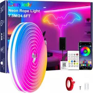 침실용 코질레이디 20피트 RGB LED 네온 로프 조명 양면 접착 테이프가 있는 750만 스트립 램프 앱/원격