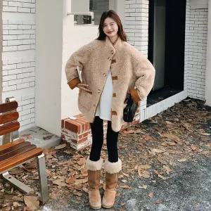 마킷4 블랙 면 여성 털 램스울 리얼 일체형 기모 양면 블록 모피코트 스웨이드 코트 JEN1