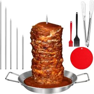 그릴용 알 파스토르 꼬치 스파이크 5개와 브러시 2개가 있는 3인치 브라질식 스핏 스탠드 통 패드