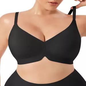 LIIJOO 여성용 무선 브라 리브 롱 라인 브이넥 컴포트 트 조절 가능한 스트랩 등스무딩
