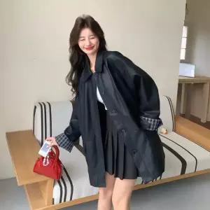 빛채운 여자 하프 오버핏 체크 PU가죽 코트 자켓 OPH1