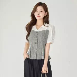 [모리스커밍홈] 체크배색 트위드 페플럼 블라우스_M2605BL109B