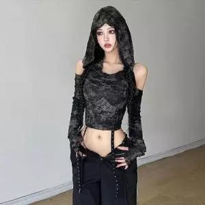 [하프클럽/]크롭 후드 긴팔 트임 끈 프린트 데미지 티셔츠