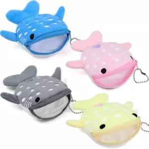4PCS 고래상어 지갑 고래 동전 및 지퍼 열쇠고리가 있는 귀여운 노란색 분홍색 파란색 회색
