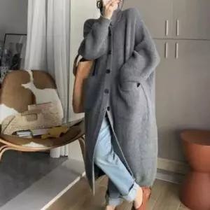 롱가디건 여성 겨울 두툼 빈티지 단추 롱 니트 오버핏 포켓 가디건