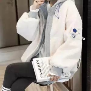 여성 겨울 양털 자켓 후리스 레이어드 뽀글이 후드 점퍼 ypi9+6RIE