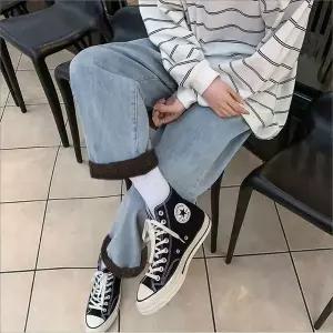 [하프클럽/]남성 와이드핏 기모청바지 겨울 데님팬츠 밴딩 2색