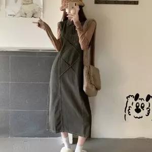 [하프클럽/]데님 슬리브리스 카라 원피스 여성 여름 나시 롱원피스