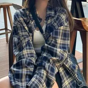 [하프클럽/]가을용 여성용 체크패턴 오버핏 긴팔 캐주얼 셔츠 루즈핏 스타