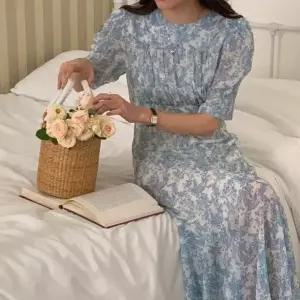 [하프클럽/]롱 쉬폰 드레스 블루 여성 데일리 원피스