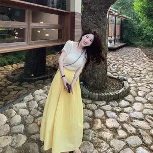 [아리엘스타일]여리핏 플리츠 롱스커트세트 듀옐로투피스