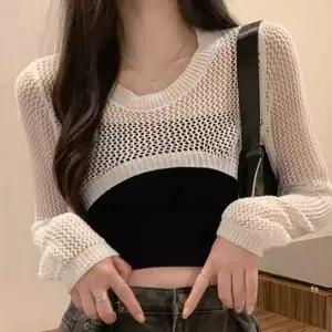 [하프클럽/]봄 여성용 오프숄더 시스루 긴팔 크롭 레이어드 나시 티셔츠