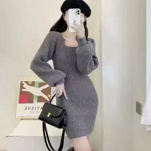 [하프클럽/]스퀘어넥 니트 미니 드레스 봄 가을 간절기 데일리 원피스