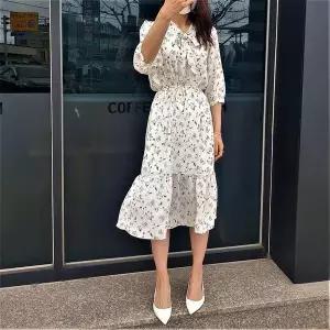 [하프클럽/]여성 여름 7부 소매 쉬폰 롱 원피스 꽃무늬 플라워 패턴 나염 리