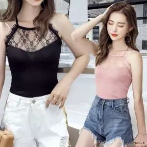 [하프클럽/]홀터넥 레이스 배색 여성용 티셔츠