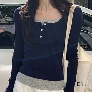[하프클럽/]여성용 배색 레이어드 긴팔 티셔츠 데일리 스타일 아이템