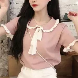 레이스 카라 리본 반팔 소매 배색 블라우스st 여친룩