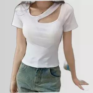 쇄골 트임 크롭 반팔티셔츠 2color DK-0358