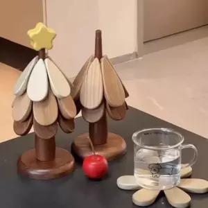 크리스마스 트리 냄비받침 우드 1 옐로우 실리콘 감성 선물 둥근받침 받침대 북유럽 크리스마스 트리 매트 스타