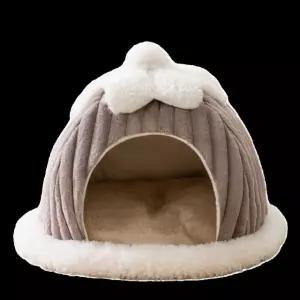 애완 동물 침대 두꺼운 펜스 범용 봉제 반밀폐형 D M 40x35x35cm 휴대용 따뜻한 회색 눈 덮인 집 S 35 35 32cm 권장체중 6근 이내