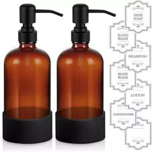 주방 및 욕실용 16온스 핸드 앤 디시 비누 디스펜서 세트 스테인리스 스틸 펌프가 포함된 500ml 앰버 유리 미끄럼 방지 실리콘 슬리브 라벨 - 2팩 Amber