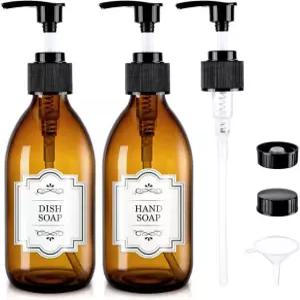 앰버 유리 펌프 병 8온스 바디 로션 마사지 오일용 비누 디스펜서 250ml 리필 가능한 빈 손 및 식기 라벨 세트 - 2팩 Amber